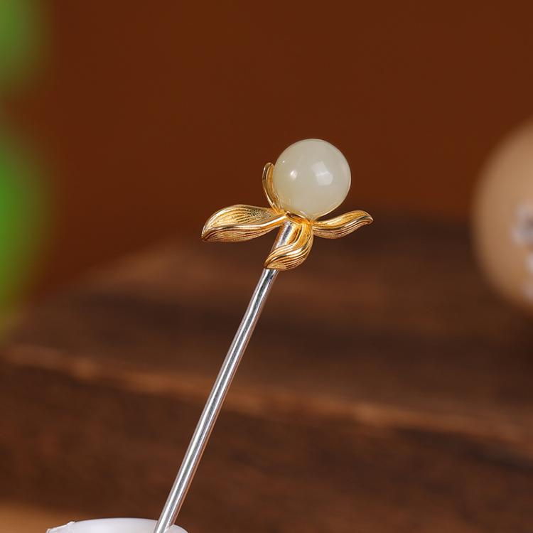 天然和田玉圆珠发簪 S925纯银镀金镶白玉花型古典发饰
