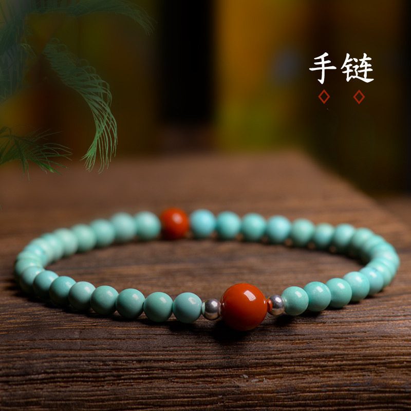 绿松石搭配南红柿子红手串，女士手链礼物