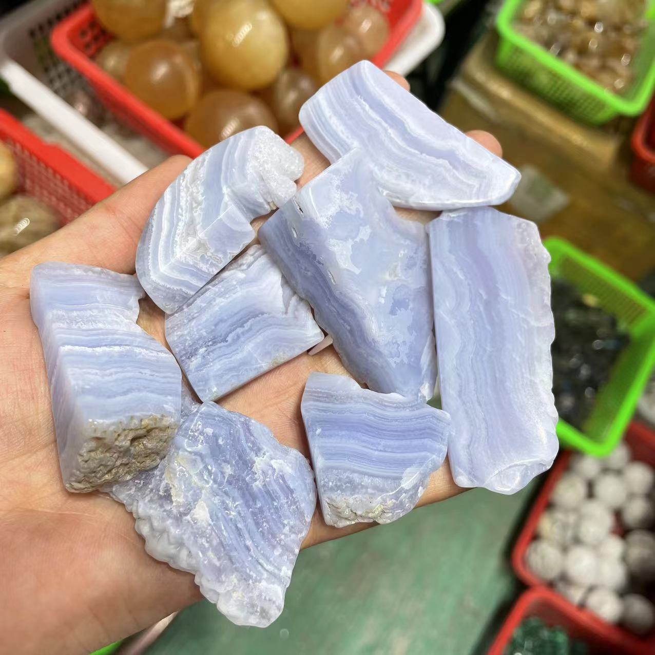 天然蓝纹玛瑙原石切片打磨 不规则薄石片水晶工艺品桌面装饰摆件