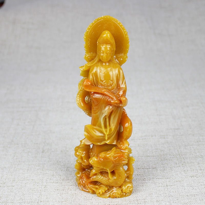 乘龙观音菩萨摆件 仿寿山石雕田黄石供奉品奇石观赏石