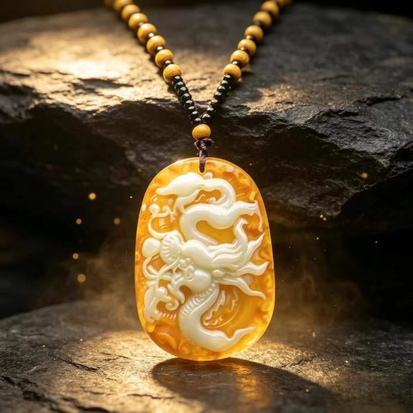 仿琥珀蜜蜡龙牌吊坠 牡丹花葫芦平安扣雕刻挂坠