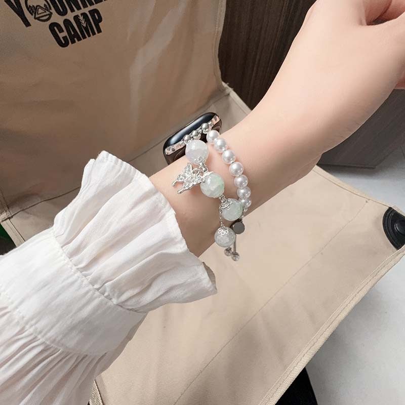 智能手表替换表带 新中式清冷风仿玉髓串珠蝴蝶手链腕带 女款手表配件