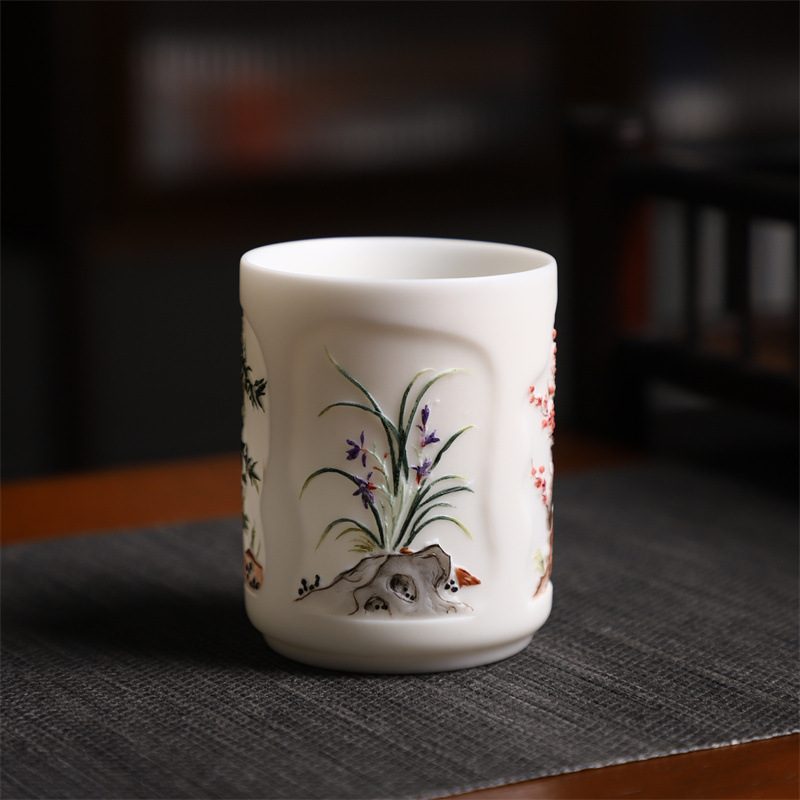 羊脂玉素烧主人杯 手作精雕梅兰竹菊品茗茶杯 国高工徐华文制