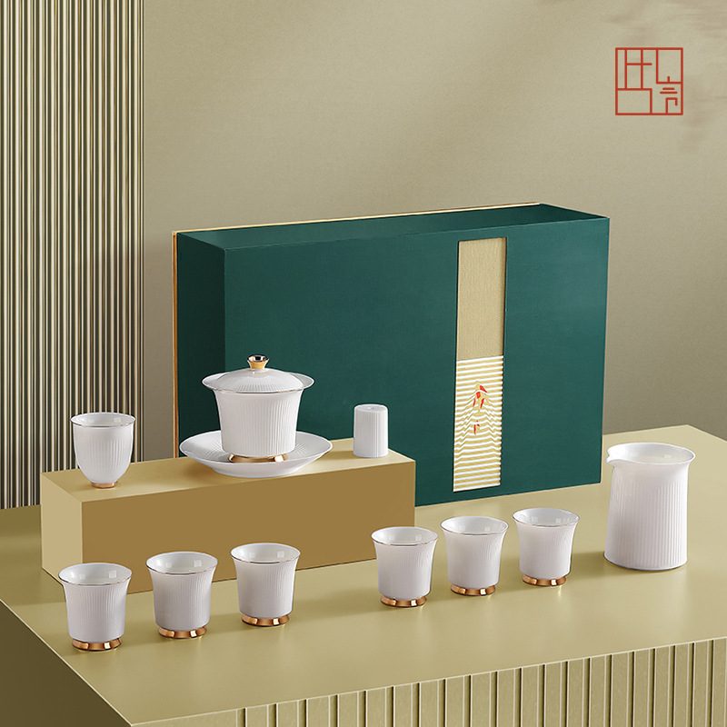 羊脂玉功夫茶具礼盒套装，含三才盖碗，适用于家用及商务送礼