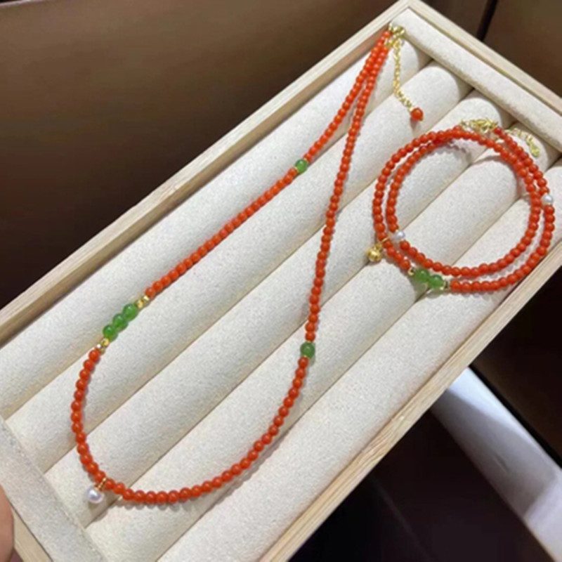 南红珍珠淡水小米珠项链 中国风锁骨链 柿子红显白颈链